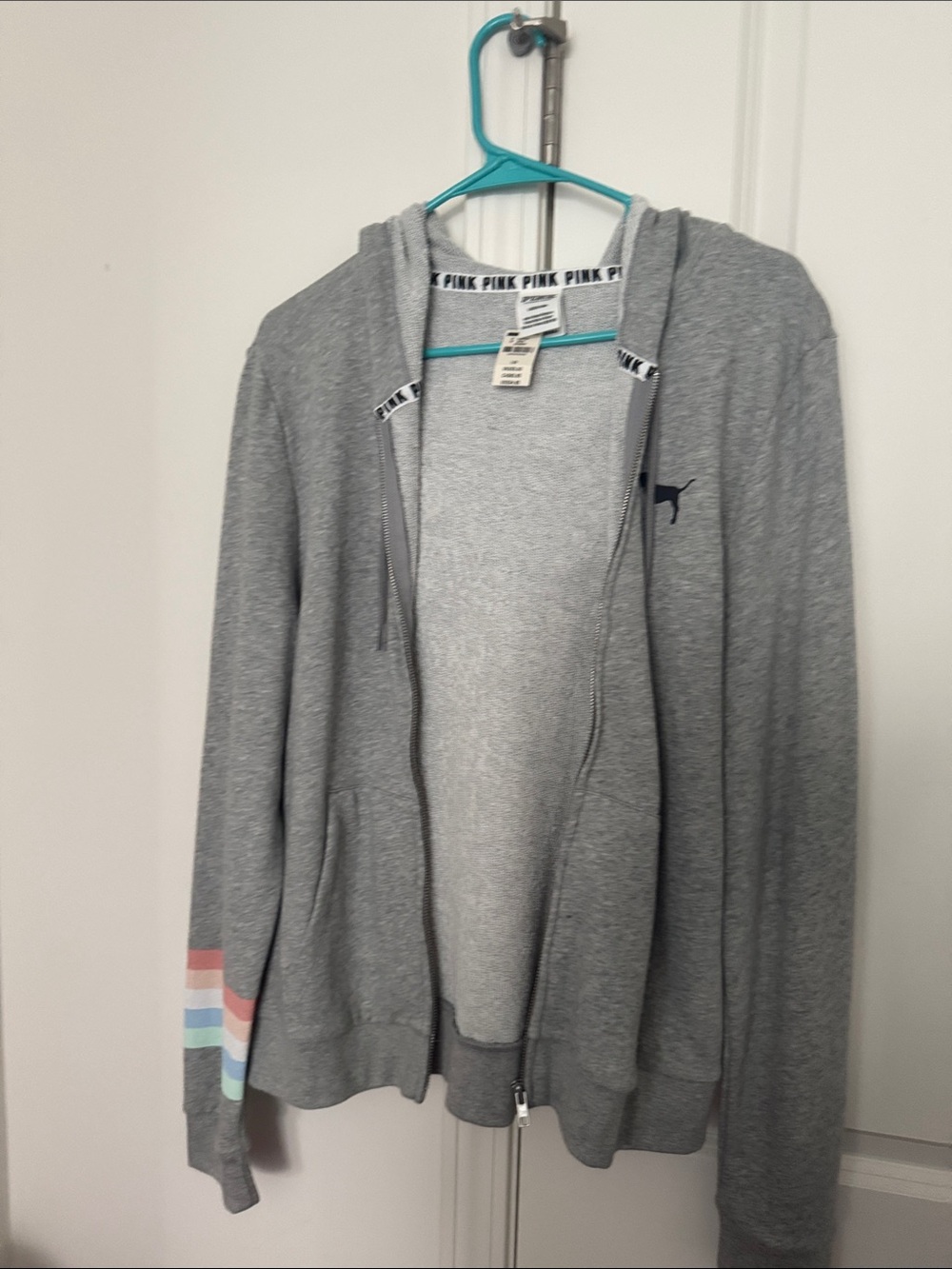 Victoria's Secret PINK Gray Zip-Up Hoodie with Pastel Stripes